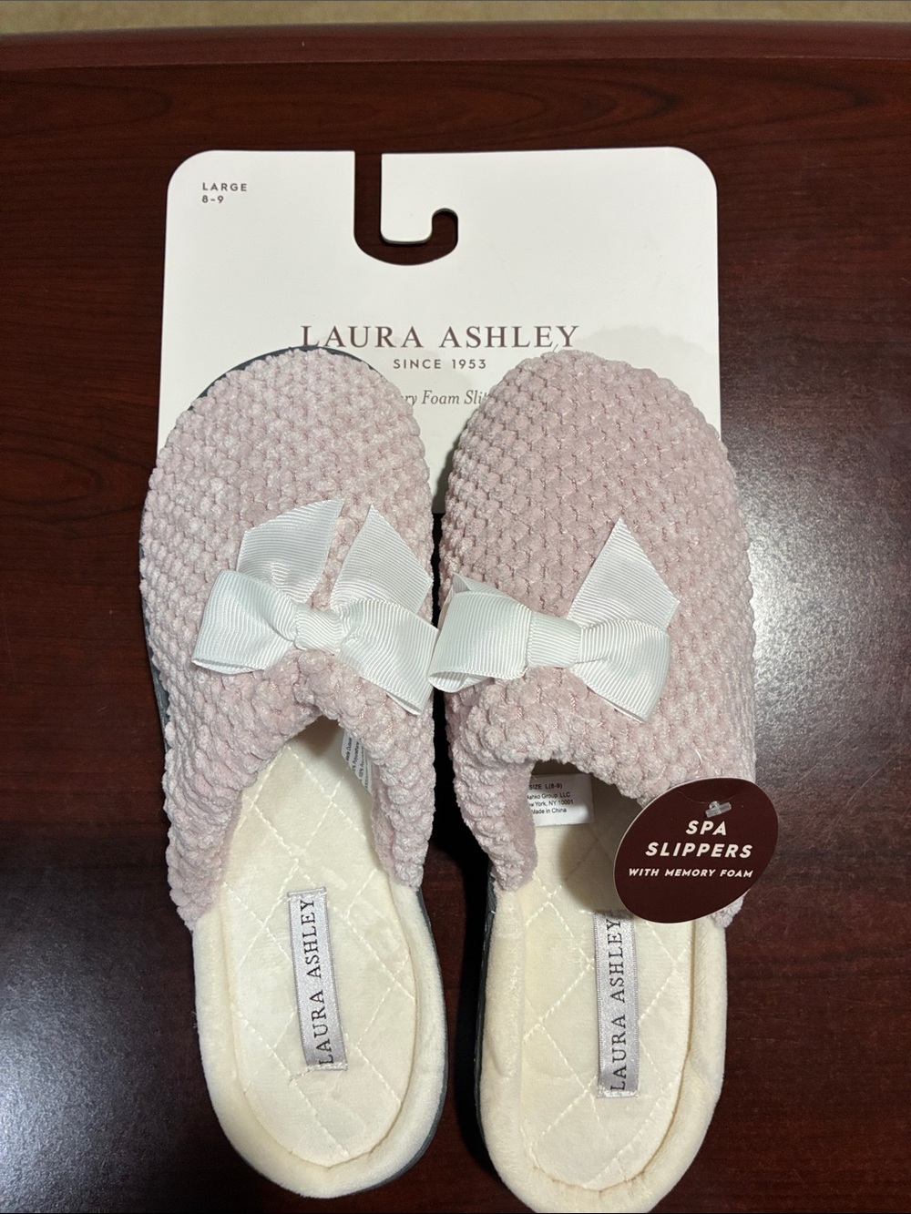 Laura Ashley Pale Pink Textured Bow Memory Foam Spa Slippers